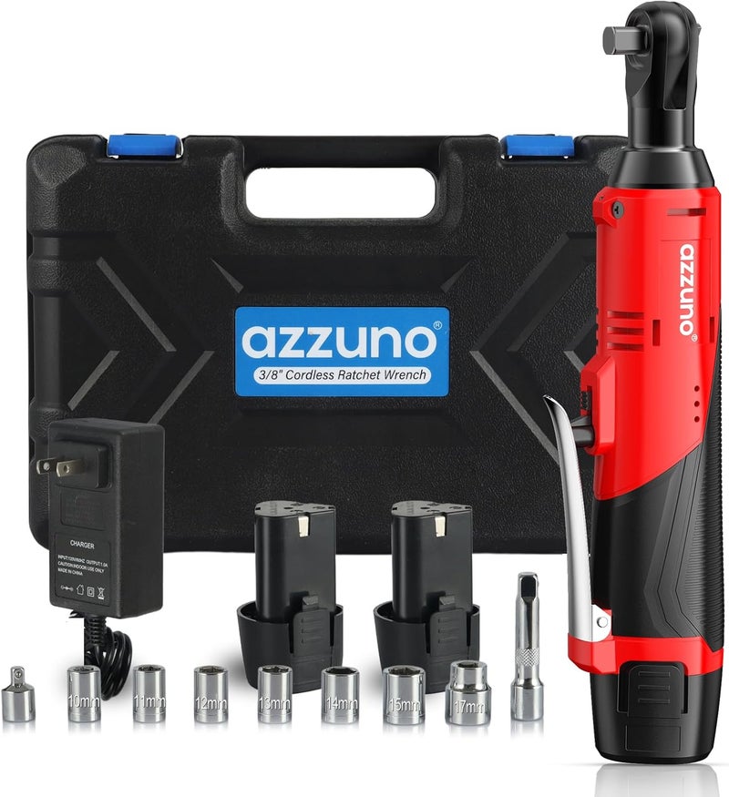 AZZUNO Cordless Electric Ratchet Wrench 3/8 Drive, 30 Ft-lbs Torque & 300 RPM, Power Ratchet Wrench Set With Variable Speed, LED Light, 2 Packs 2.0Ah Battery, Fast Charger, 7 Sockets - Image 1